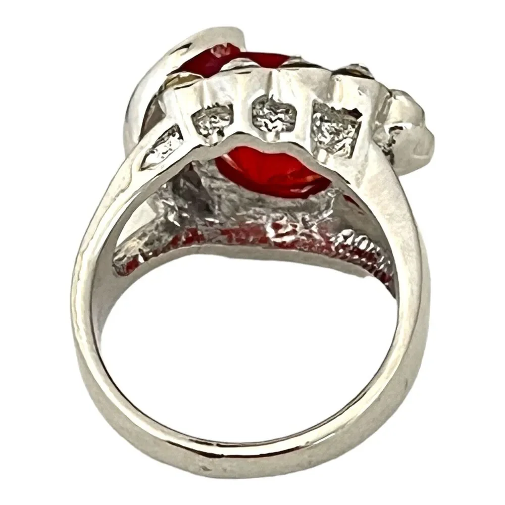 Vintage 1980s Cocktail Ring Red Glass Rhinestone Silver Tone - 5K